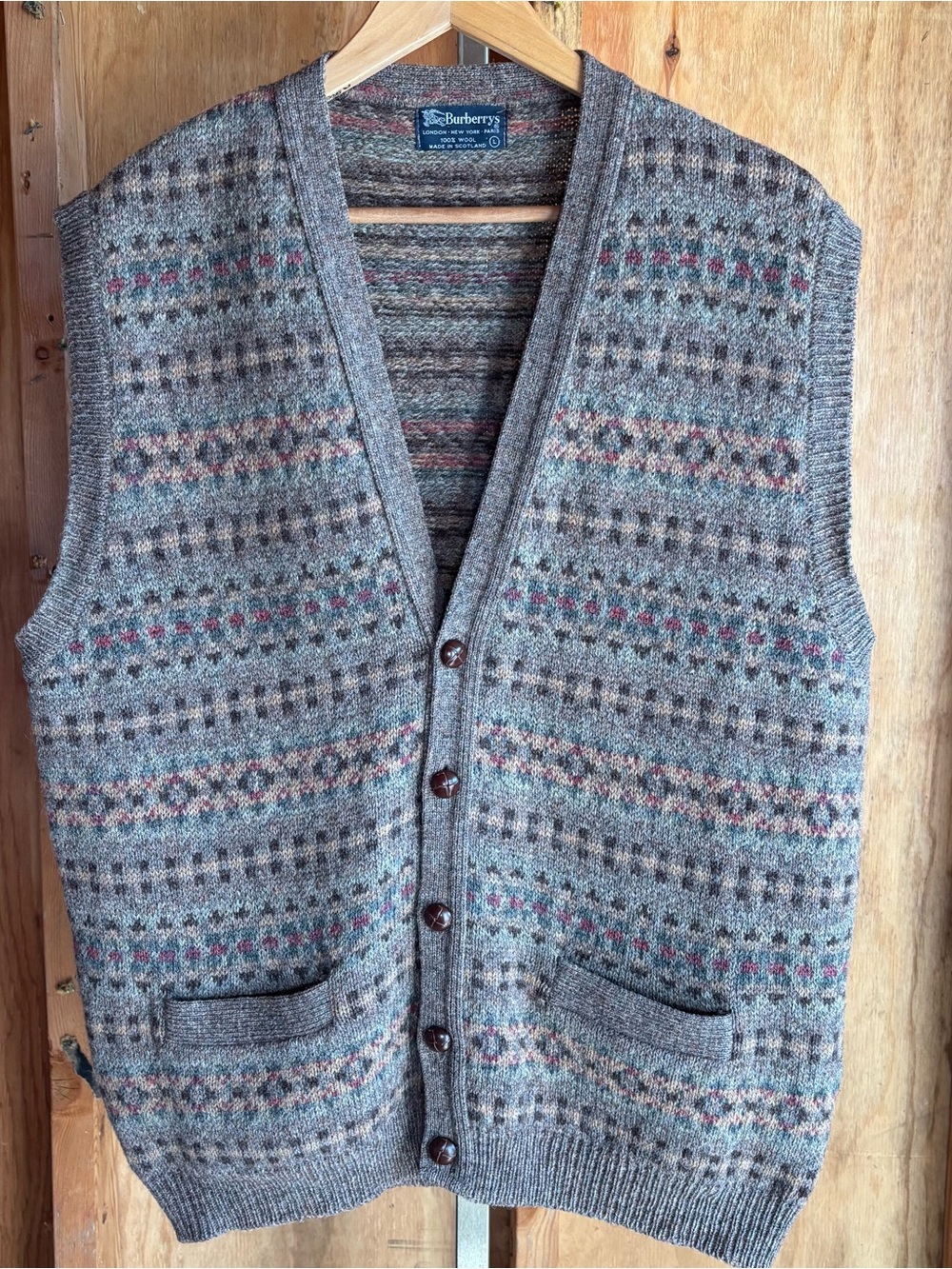 Burberry Multicolor Fair Isle 100% Scottish Wool Vest with Front Pockets Size L
